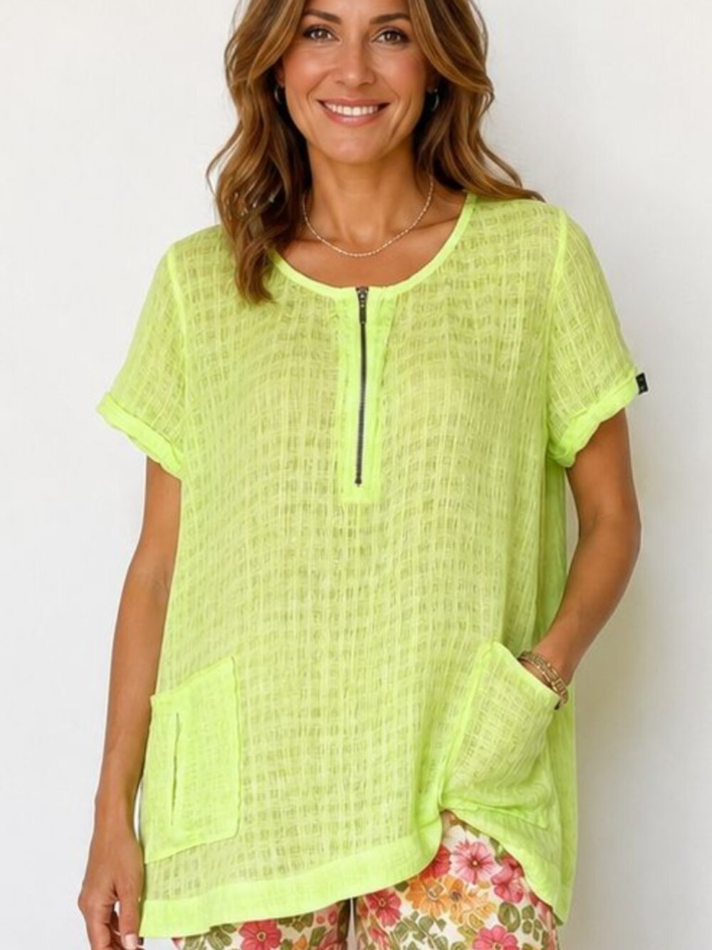 Soft Surroundings L 14 Pastel Chartreuse Sheer Textured Zip Front Tunic Cover-up